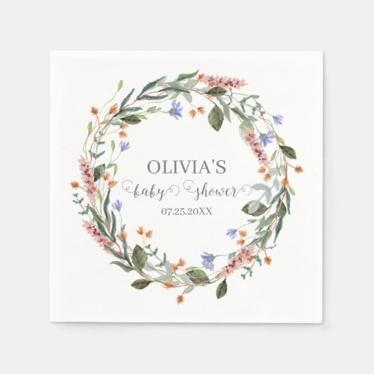 水彩ピンクのワイルドフラワーボホ素朴ベビーシャワー スタンダードカクテルナプキン (正面)