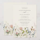 水彩ピンクのワイルドフラワー フローラル ブルー ウェディング 招待状 (正面/裏面)