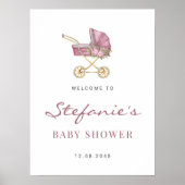 水彩ピンクのヴィンテージベビーカー少年ベビーシャワー ポスター (正面)