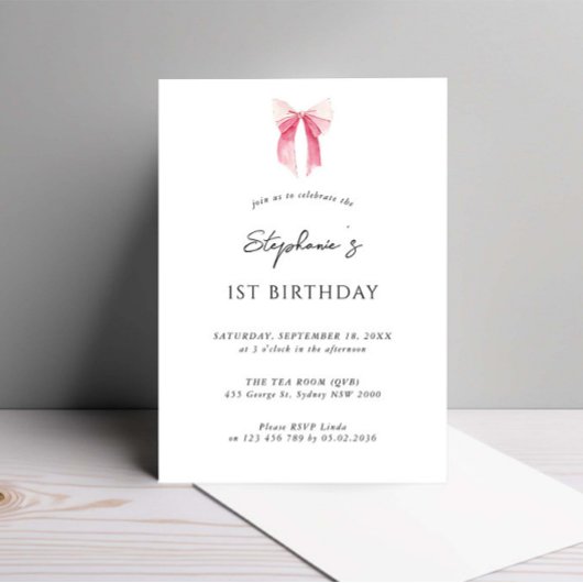 水彩ピンクの優美な弓1st誕生日 招待状