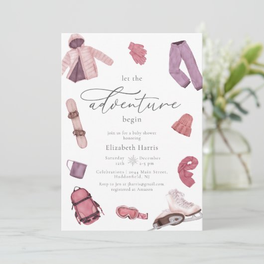 水彩ピンクの冒険が始まる女の子の赤ちゃんシャワー 招待状 (スタンド正面)
