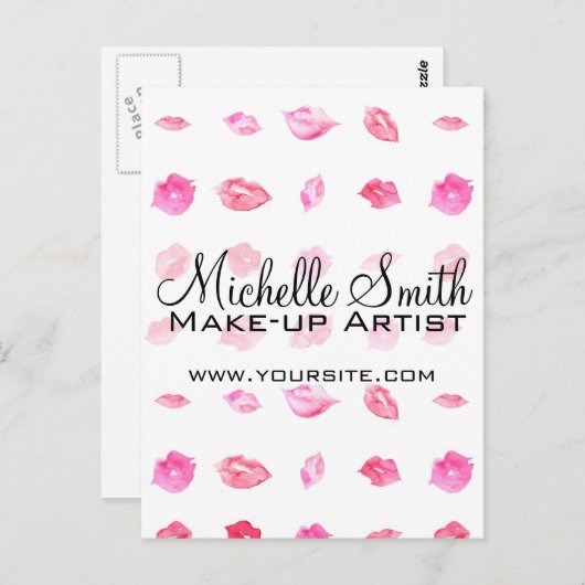 水彩ピンクの唇のパターンメイクアップブランディング ポストカード (正面/裏面)