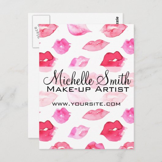 水彩ピンクの唇のパターンメイクアップブランディング ポストカード (正面/裏面)