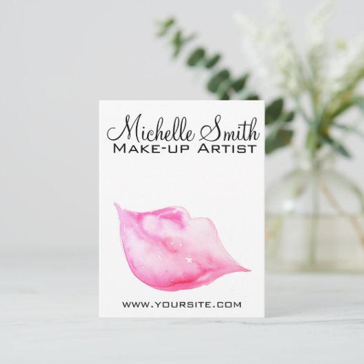 水彩ピンクの唇メイクアップブランディング ポストカード (スタンド正面)