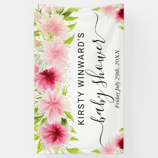 水彩ピンクの夏の花ベビーシャワーへようこそ 横断幕 (縦)