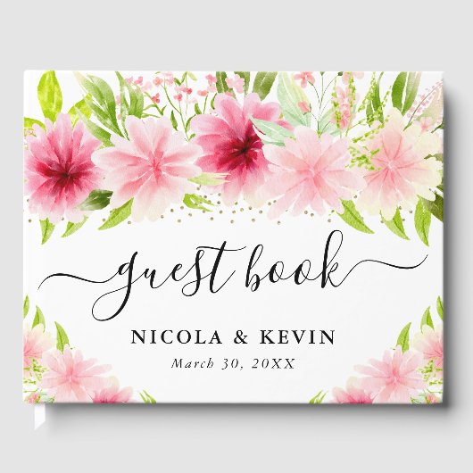 水彩ピンクの夏の花結婚の花 ゲストブック (正面)