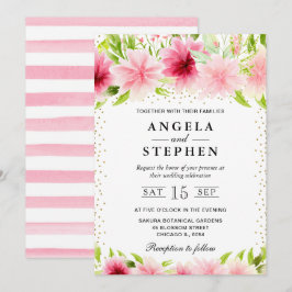 水彩ピンクの夏の花結婚の花 招待状