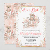 水彩ピンクの女の子おもちゃ赤ちゃんシャワー 招待状 (正面/裏面)