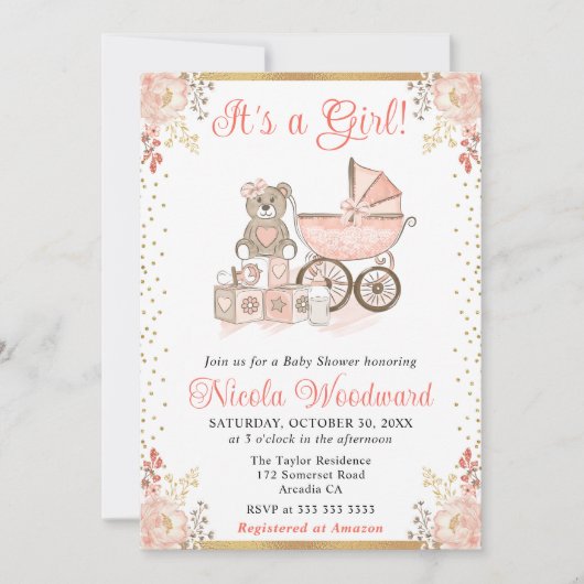水彩ピンクの女の子のおもちゃとPram赤ちゃんシャワー 招待状 (正面)