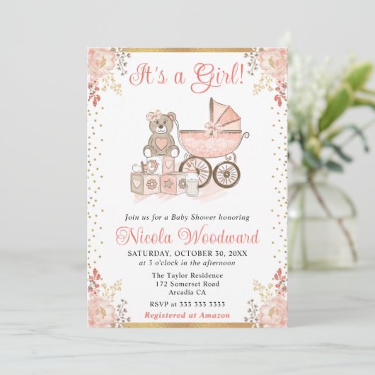 水彩ピンクの女の子のおもちゃとPram赤ちゃんシャワー 招待状 (スタンド正面)