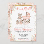 水彩ピンクの女の子のおもちゃとPram赤ちゃんシャワー 招待状 (正面/裏面)