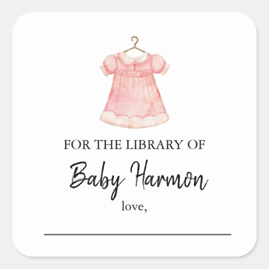 水彩ピンクの女の子ドレスブックシール スクエアシール (正面)