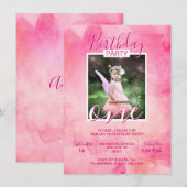 水彩ピンクの女の子 誕生日パーティー 1歳 お誕生日 招待状 (正面/裏面)