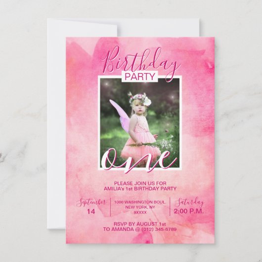 水彩ピンクの女の子 誕生日パーティー 1歳 お誕生日 招待状 (正面)