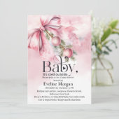 水彩ピンクの弓と飾りのベビーシャワー 招待状 (スタンド正面)