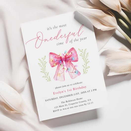 水彩ピンクの弓のクリスマス1歳誕生日 招待状