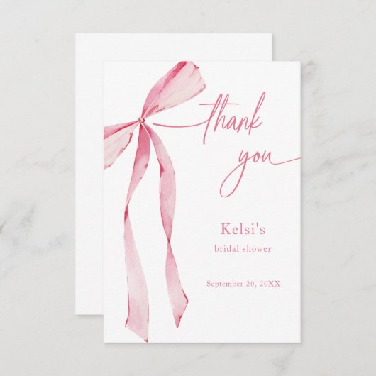 水彩ピンクの弓のブライダルシャワー サンキューカード (正面/裏面)