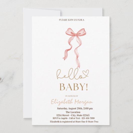 水彩ピンクの弓ドット赤ちゃんシャワー 招待状 (正面)