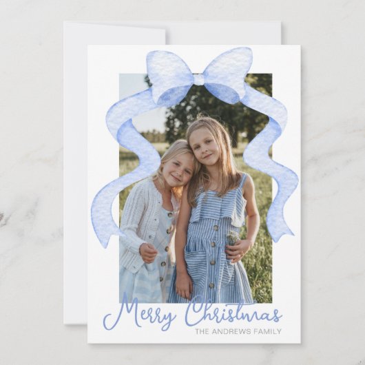 水彩ピンクの弓リボンサッシクリスマスフォト シーズンカード (正面)