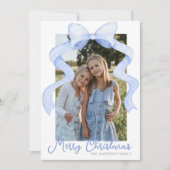 水彩ピンクの弓リボンサッシクリスマスフォト シーズンカード (正面)