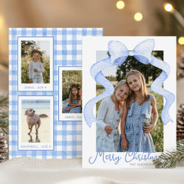 水彩ピンクの弓リボンサッシクリスマスフォト シーズンカード