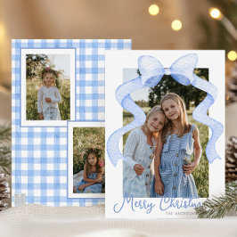 水彩ピンクの弓リボンサッシクリスマスフォト シーズンカード