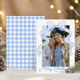 水彩ピンクの弓リボンサッシクリスマスフォト シーズンカード