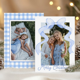 水彩ピンクの弓リボンサッシクリスマスフォト シーズンカード