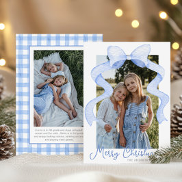 水彩ピンクの弓リボンサッシクリスマスフォト シーズンカード