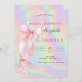 水彩ピンクの弓 ホログラフィック誕生日 招待状 (正面/裏面)