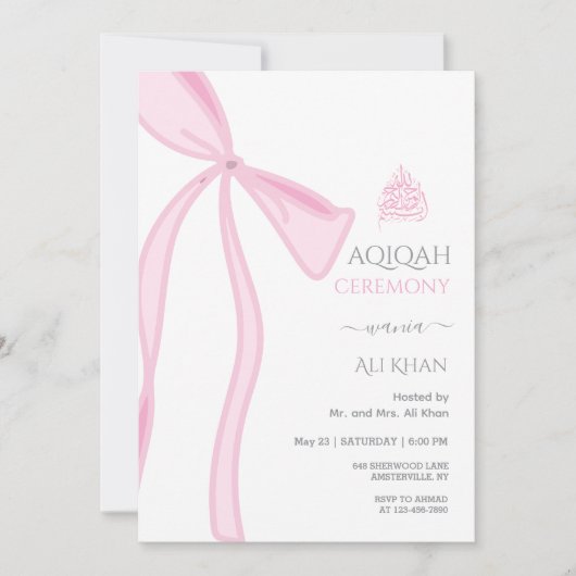 水彩ピンクの弓 赤ちゃん女の子のあきか 招待状 (正面)