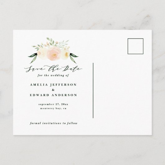 水彩ピンクの桃の花と葉のウェディング 案内ポストカード (裏面)