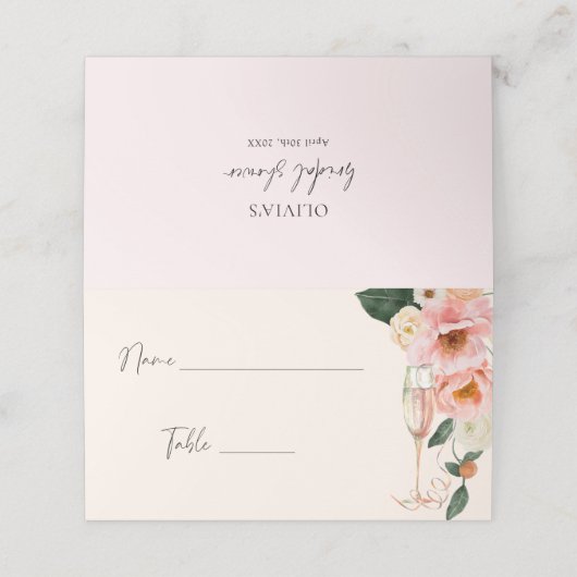 水彩ピンクの桃の花のシャンパン プレイスカード (外部開封)