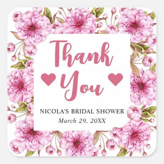 水彩ピンクの桜のブライダルシャワー スクエアシール (正面)