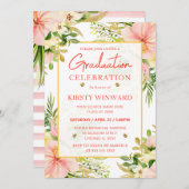 水彩ピンクの熱帯の花を卒業 招待状 (正面/裏面)
