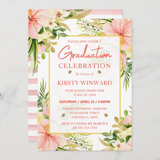 水彩ピンクの熱帯の花を卒業 招待状 (正面/裏面)