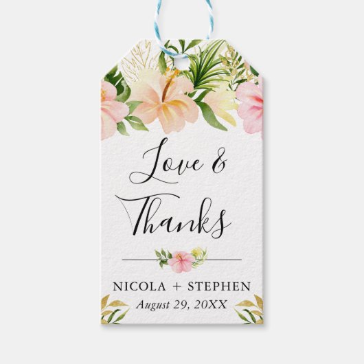 水彩ピンクの熱帯結婚花 ギフトタグ (正面)