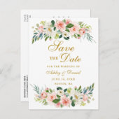 水彩ピンクの白いフローラ金ゴールド保存日 案内ポストカード (正面/裏面)