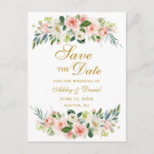 水彩ピンクの白いフローラ金ゴールド保存日 案内ポストカード (正面)