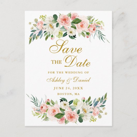 水彩ピンクの白いフローラ金ゴールド保存日 案内ポストカード (正面)