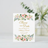 水彩ピンクの白いフローラ金ゴールド保存日 案内ポストカード (スタンド正面)