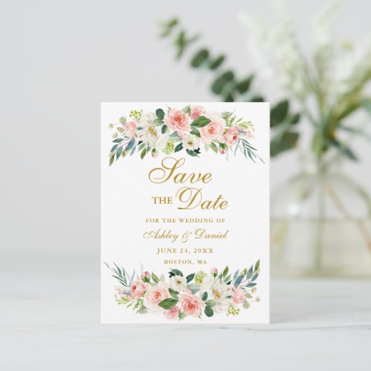 水彩ピンクの白いフローラ金ゴールド保存日 案内ポストカード (スタンド正面)