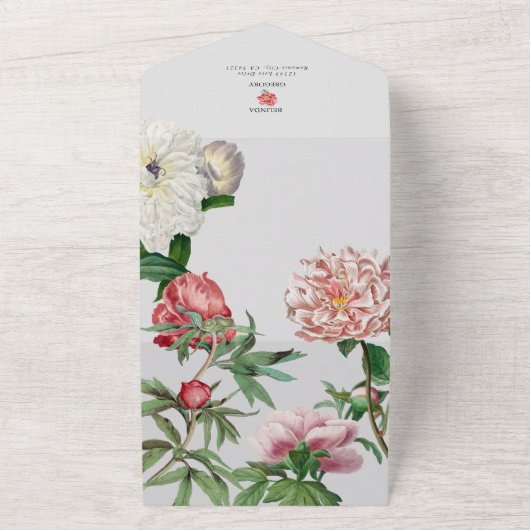 水彩ピンクの白い芍薬の花のウェディング オールインワン招待状 (外側)
