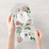 水彩ピンクの白い芍薬の花のウェディング オールインワン招待状 (貼ってはがせる)