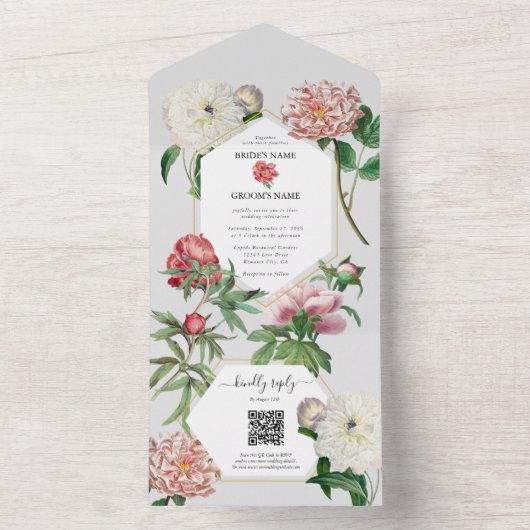 水彩ピンクの白い芍薬の花のウェディング オールインワン招待状 (内側)