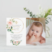 水彩ピンクの白い花の女の子の写真　洗礼Ⅰ 招待状 (スタンド正面)