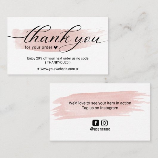 水彩ピンクの筆遣い注文ありがとうクーポン 名刺 (正面/裏面)