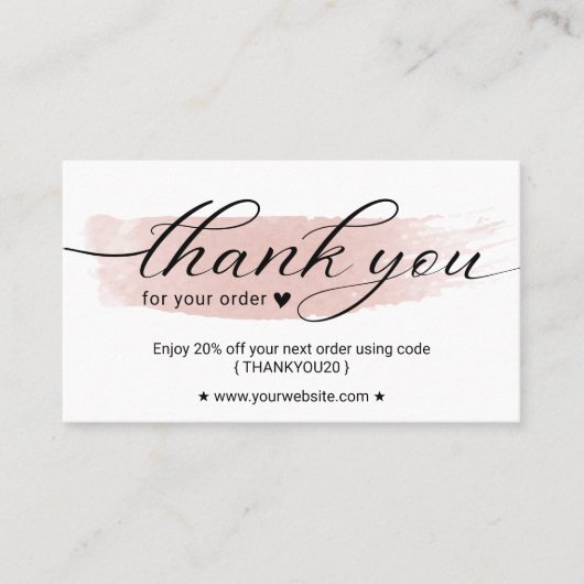 水彩ピンクの筆遣い注文ありがとうクーポン 名刺 (正面)