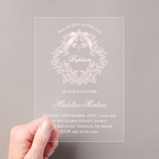 水彩ピンクの紋章 | バプテスマ招待状 アクリル招待状 (インサイチュ (ポータブル))