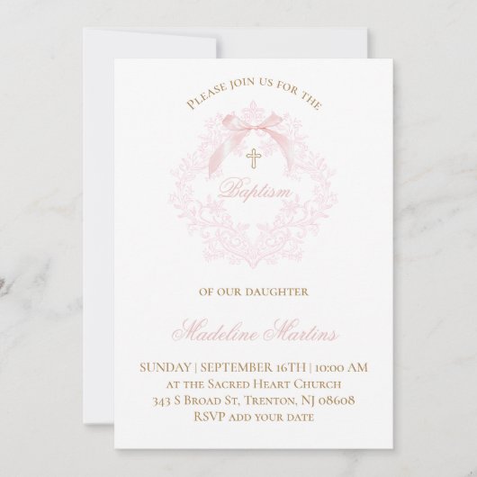 水彩ピンクの紋章 | バプテスマ招待状 招待状 (正面)